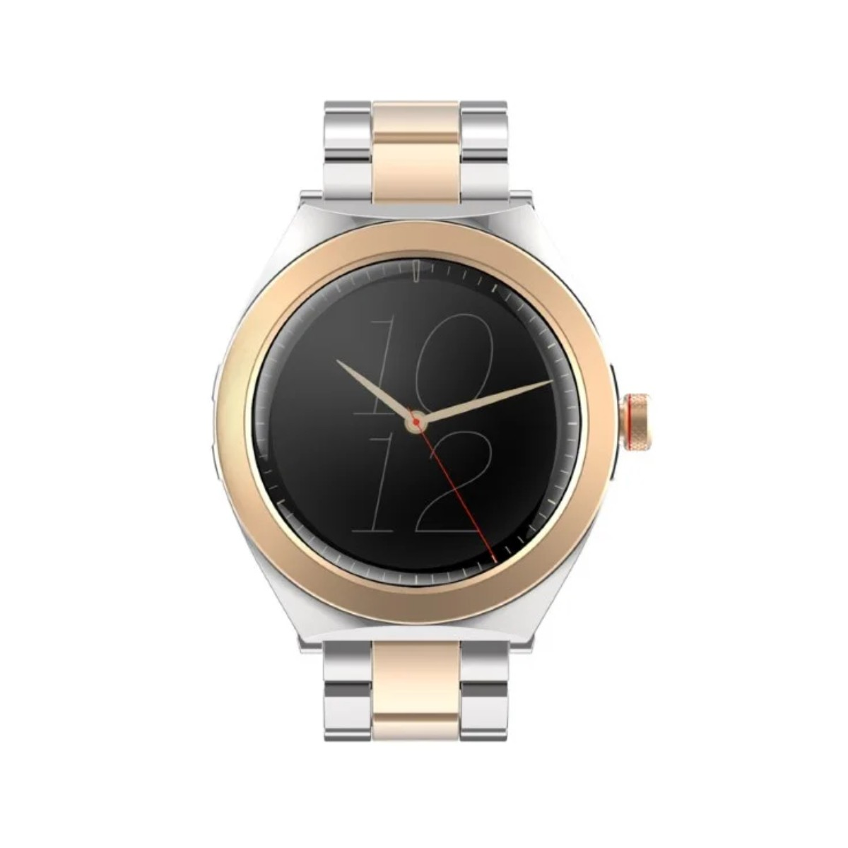 Srebrny i złoty smartwatch z czarną tarczą i wskazówkami.
