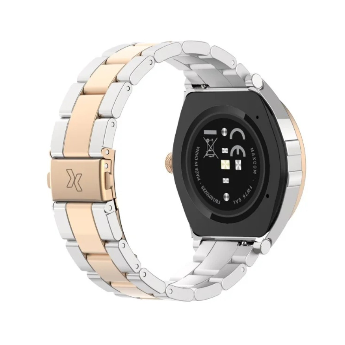 Srebrna i różowo-złota bransoleta smartwatch z czarnym deklem.