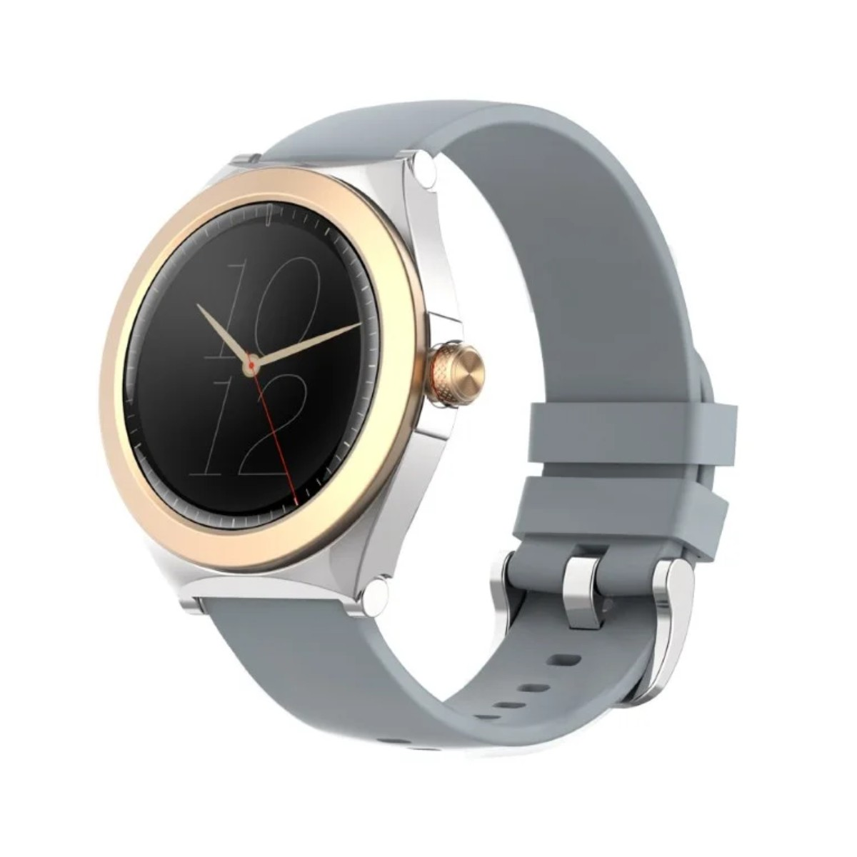 Szary smartwatch ze srebrną obudową i złotą ramką. Cyfrowy wyświetlacz.