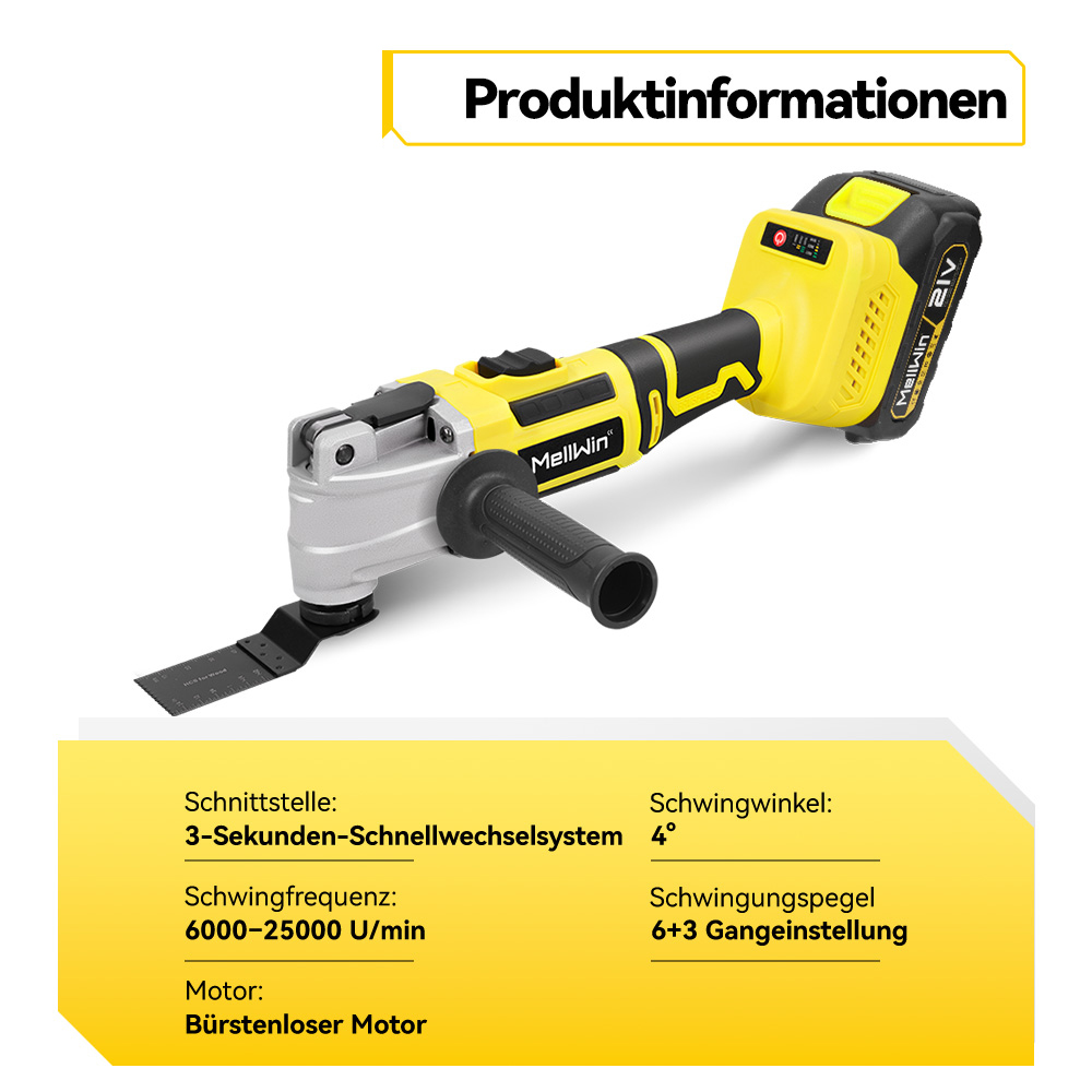 Ein gelb-schwarzes Multifunktionswerkzeug mit Akku und silbernem Kopf.