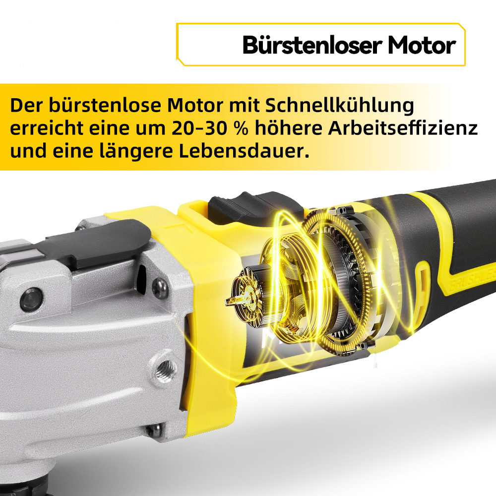 Detailansicht eines bürstenlosen Motors mit gelben Akzenten und leuchtenden Energieeffekten.