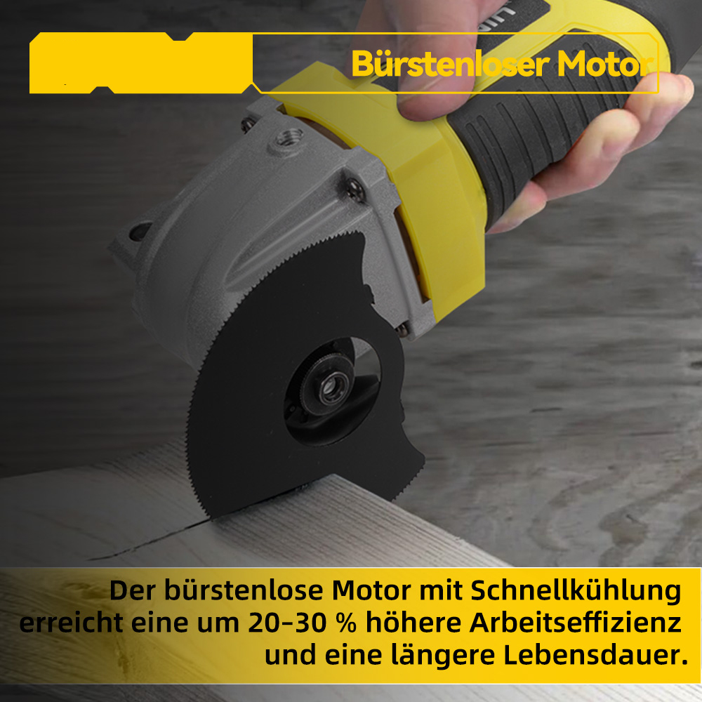 Ein gelber Winkelschleifer mit Sägeblatt schneidet Holz.