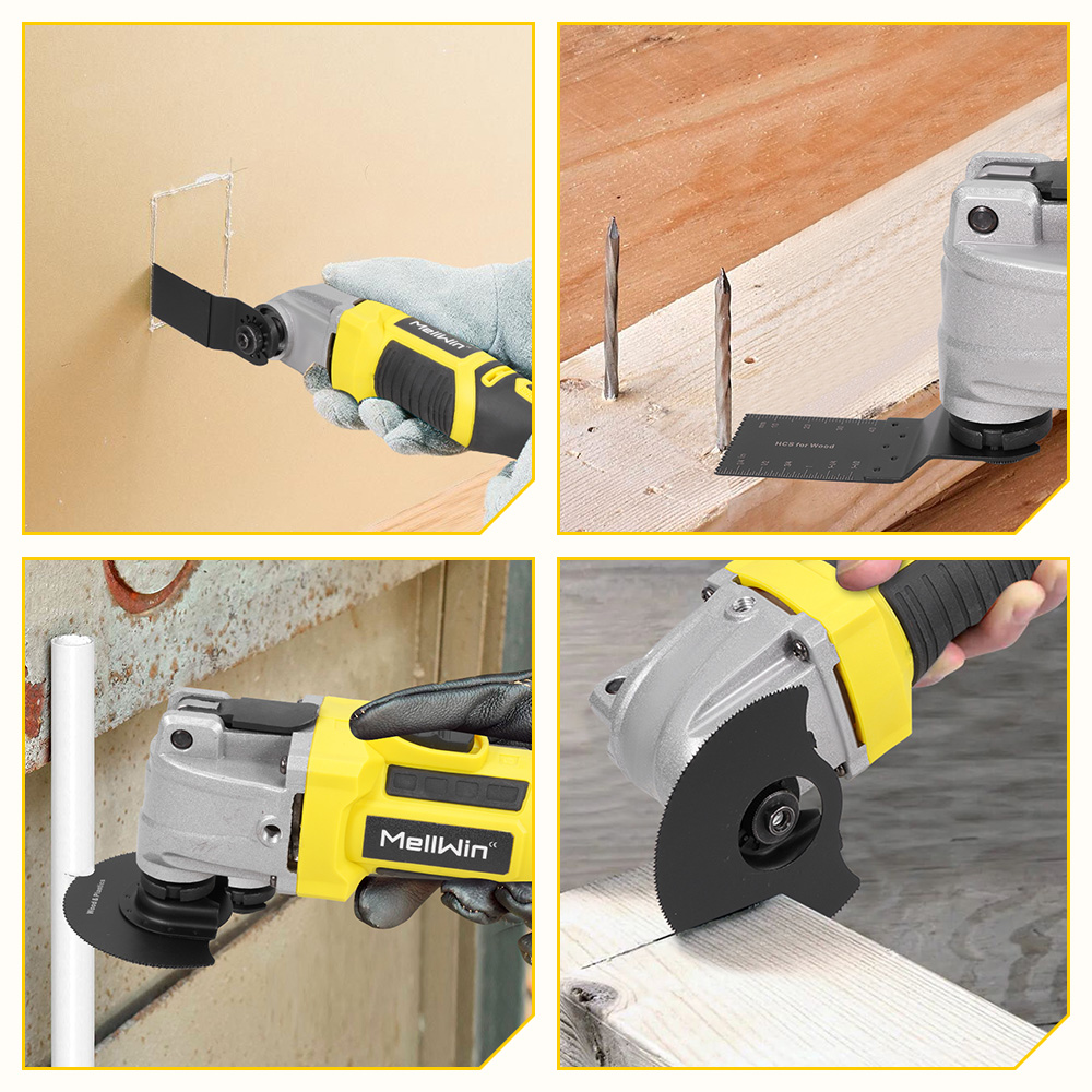 Vier Bilder zeigen ein Werkzeug bei der Arbeit: Wand, Nägel, Rohr und Holz schneiden.