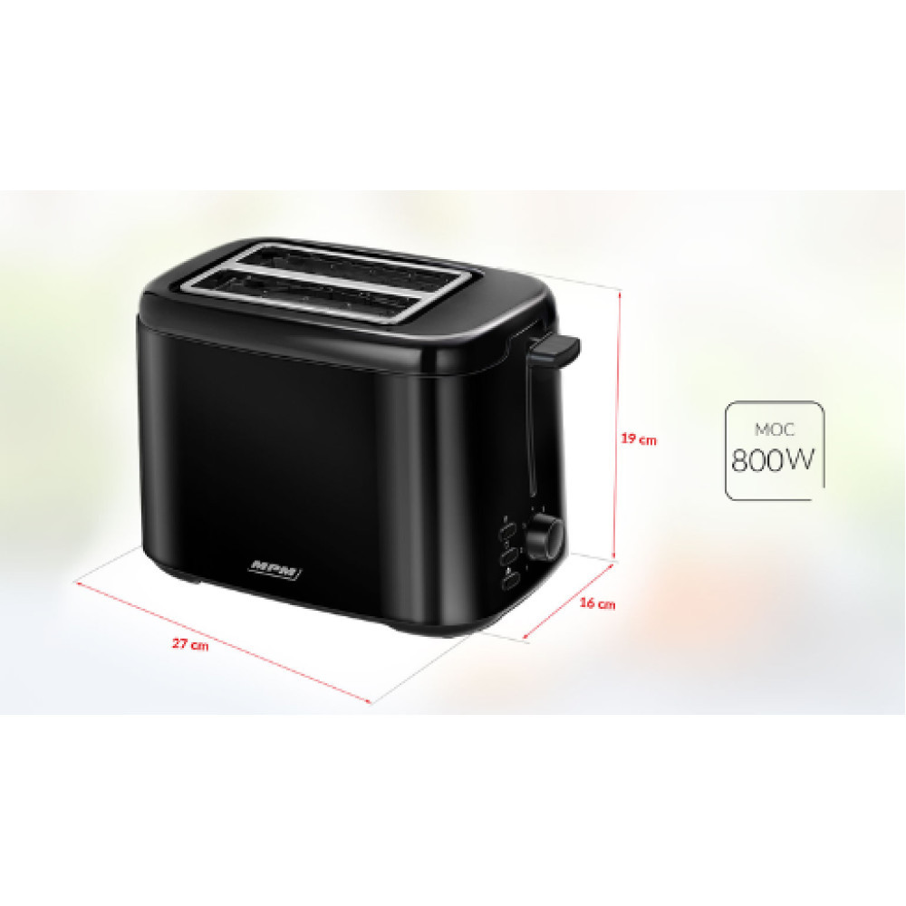 Tostapane nero a due fessure, dimensioni 27x19x16 cm, 800W.