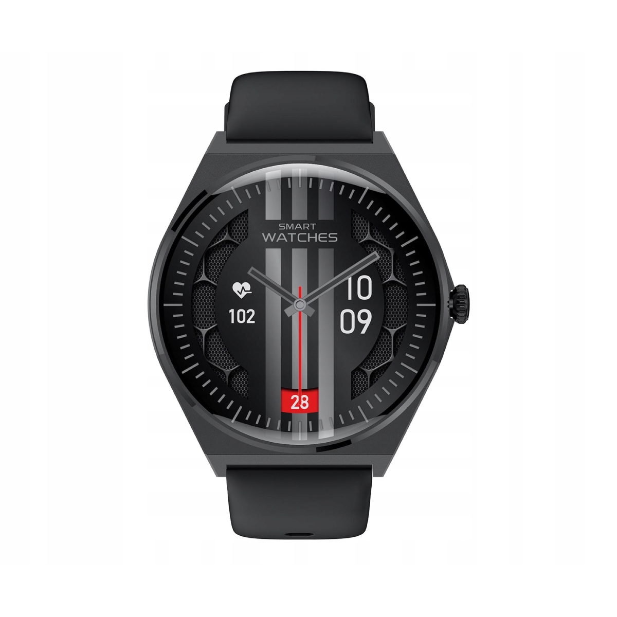 Czarny smartwatch z szarą tarczą pokazującą 10:09 i tętno 102.