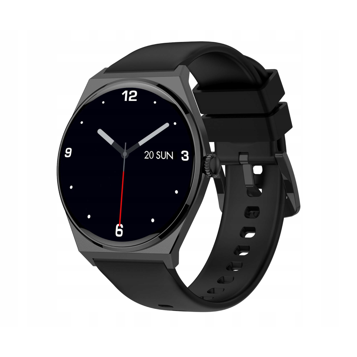 Czarny smartwatch z okrągłym ekranem pokazującym godzinę i datę na białym tle.