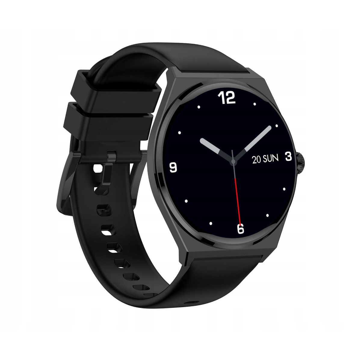 Czarny smartwatch z czarną tarczą pokazującą godzinę i datę.