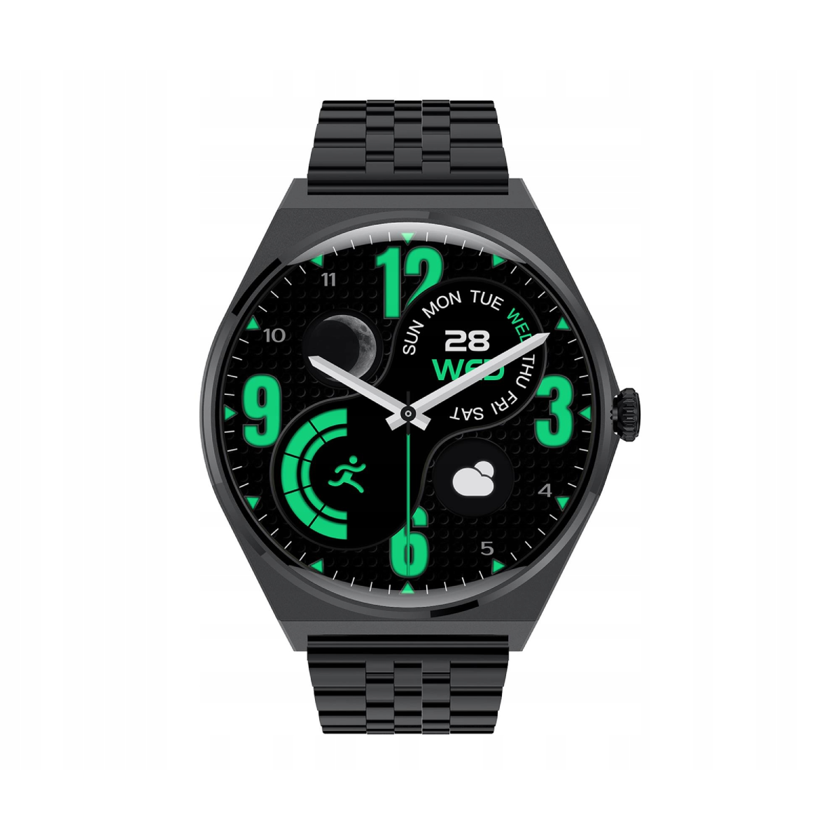 Czarny smartwatch z cyfrowym wyświetlaczem, data 28, środa.