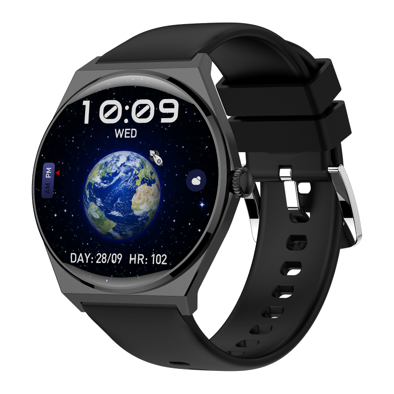 Czarny smartwatch z wyświetlaczem Ziemi pokazuje 10:09, środa, dzień 28/09, HR 102.