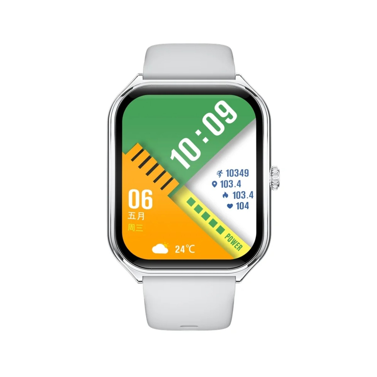 Biały smartwatch wyświetla 10:09, datę, pogodę i dane fitness.