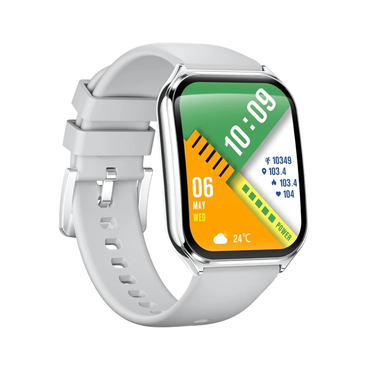 Biały smartwatch wyświetla godzinę 10:09, datę 06 maja, pogodę 24°C i statystyki.