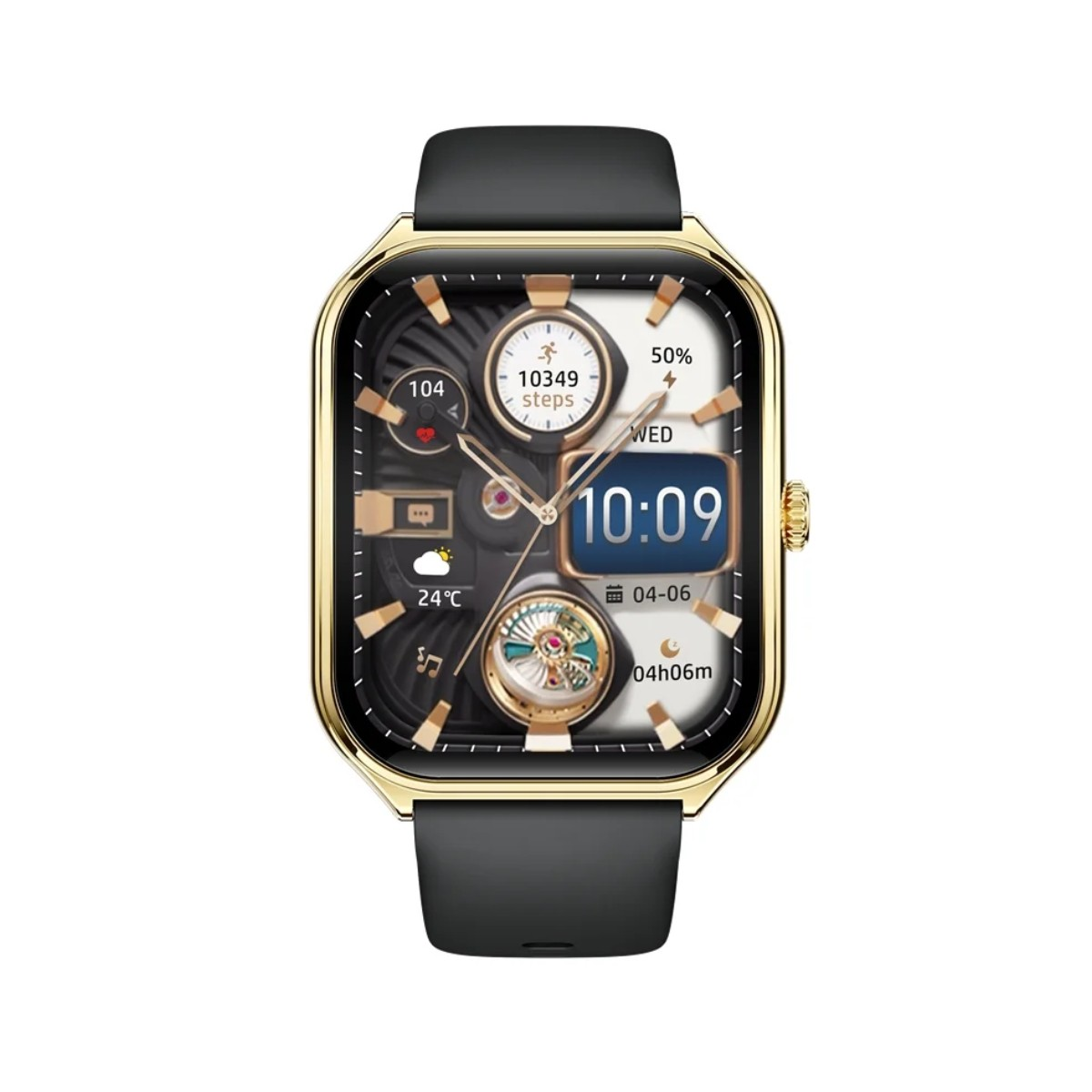 Złoty smartwatch z czarnym paskiem, pokazuje 10:09, 10349 kroków, 24°C.