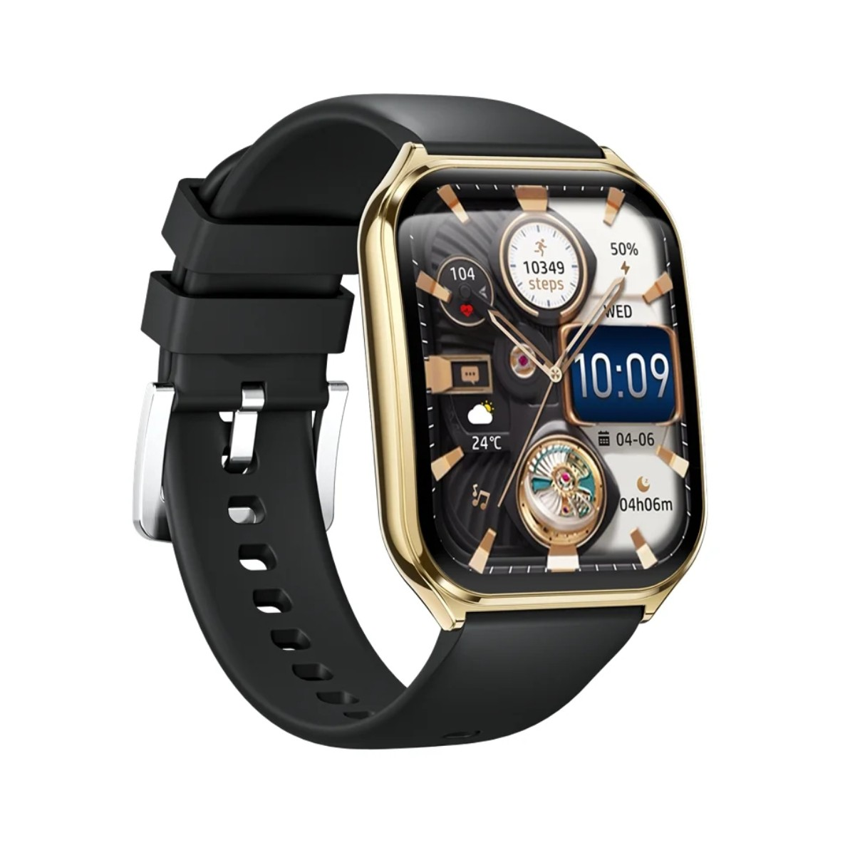 Czarny smartwatch ze złotą ramką wyświetla 10:09 i liczb ę kroków.
