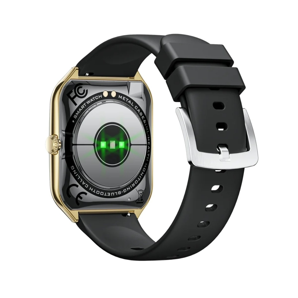 Złoty smartwatch z czarnym paskiem i sensorem tętna z tyłu.