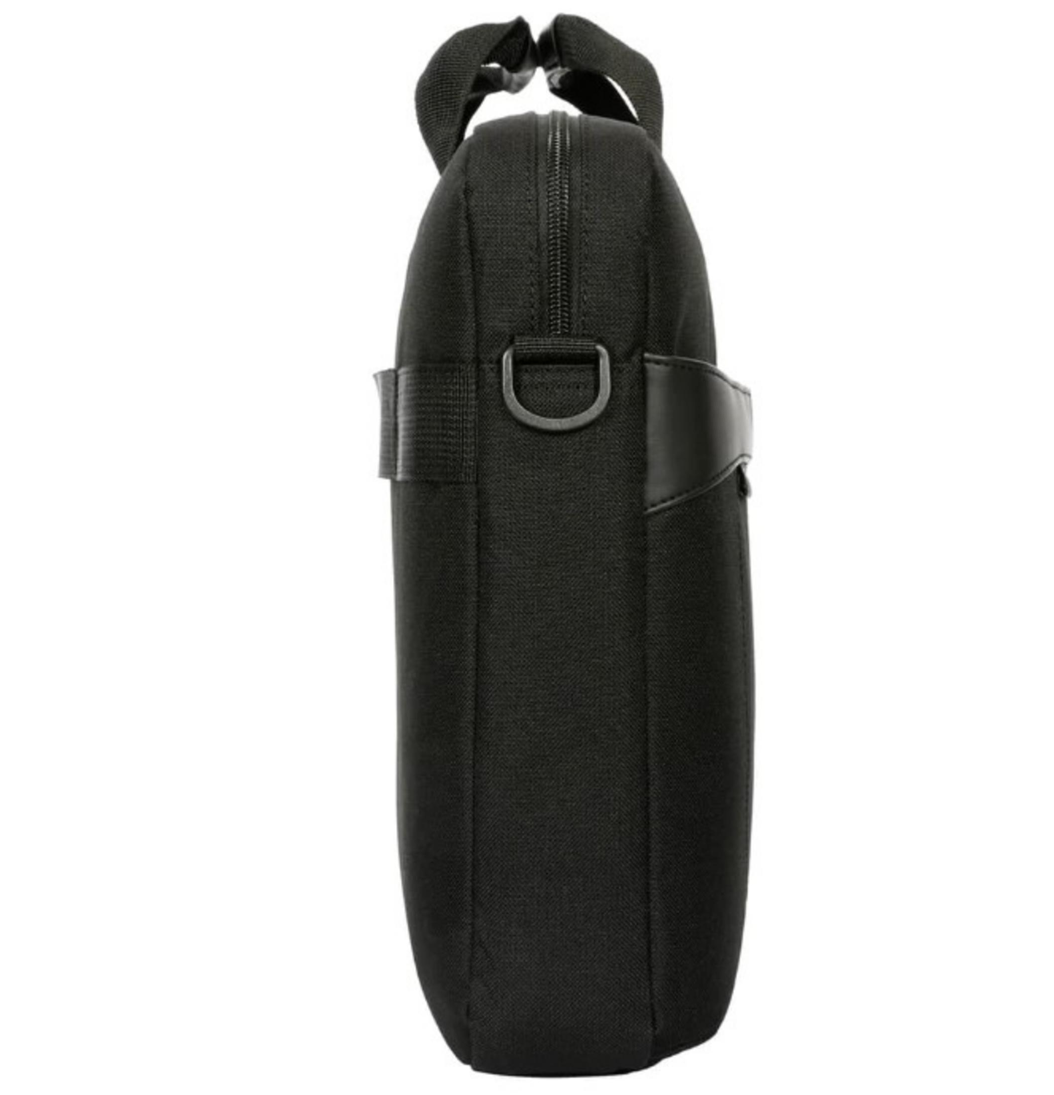 Borsa nera per laptop con cerniera e manici, vista laterale.