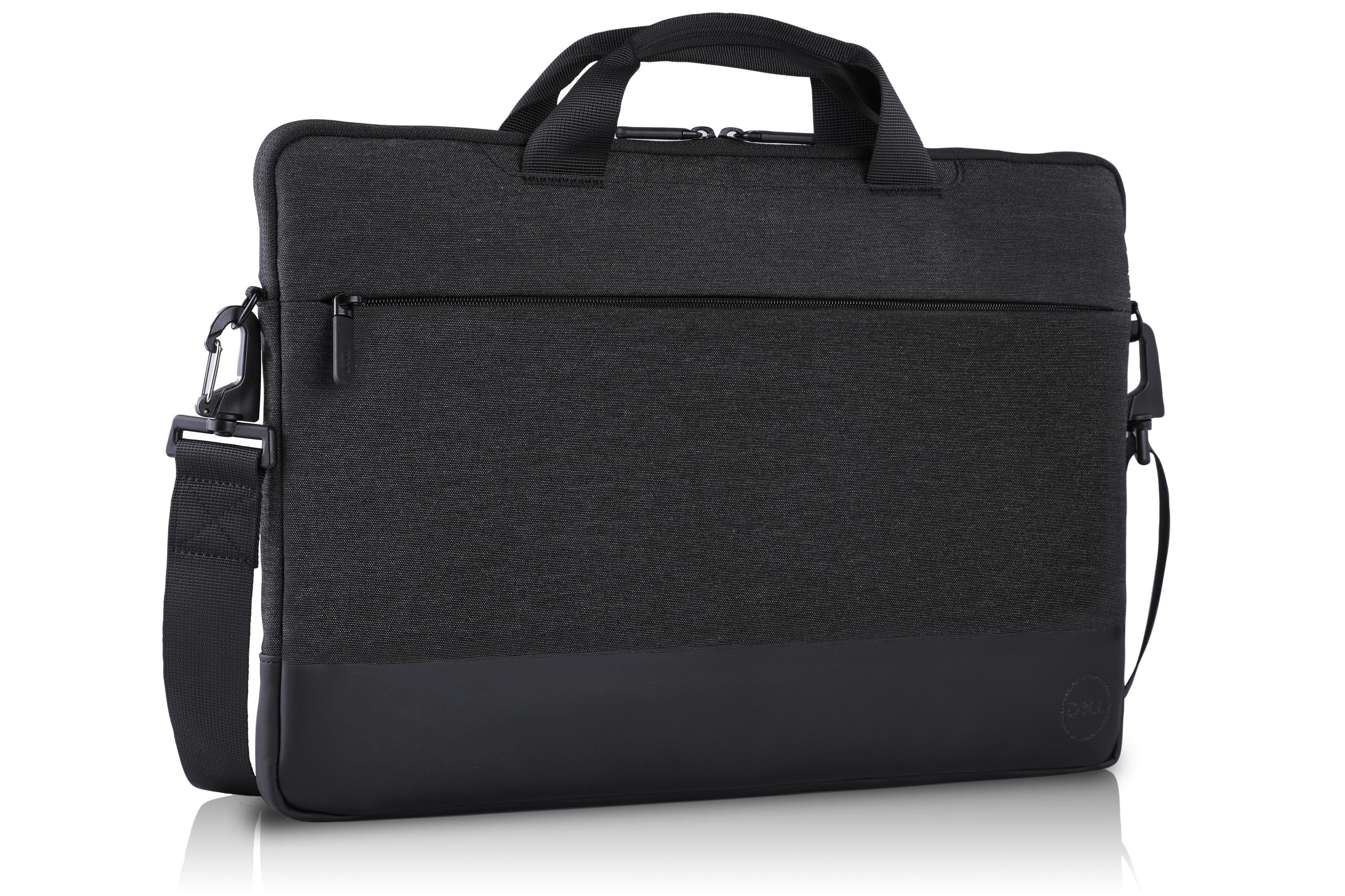 Borsa nera per laptop con manici, tracolla e tasca con zip.