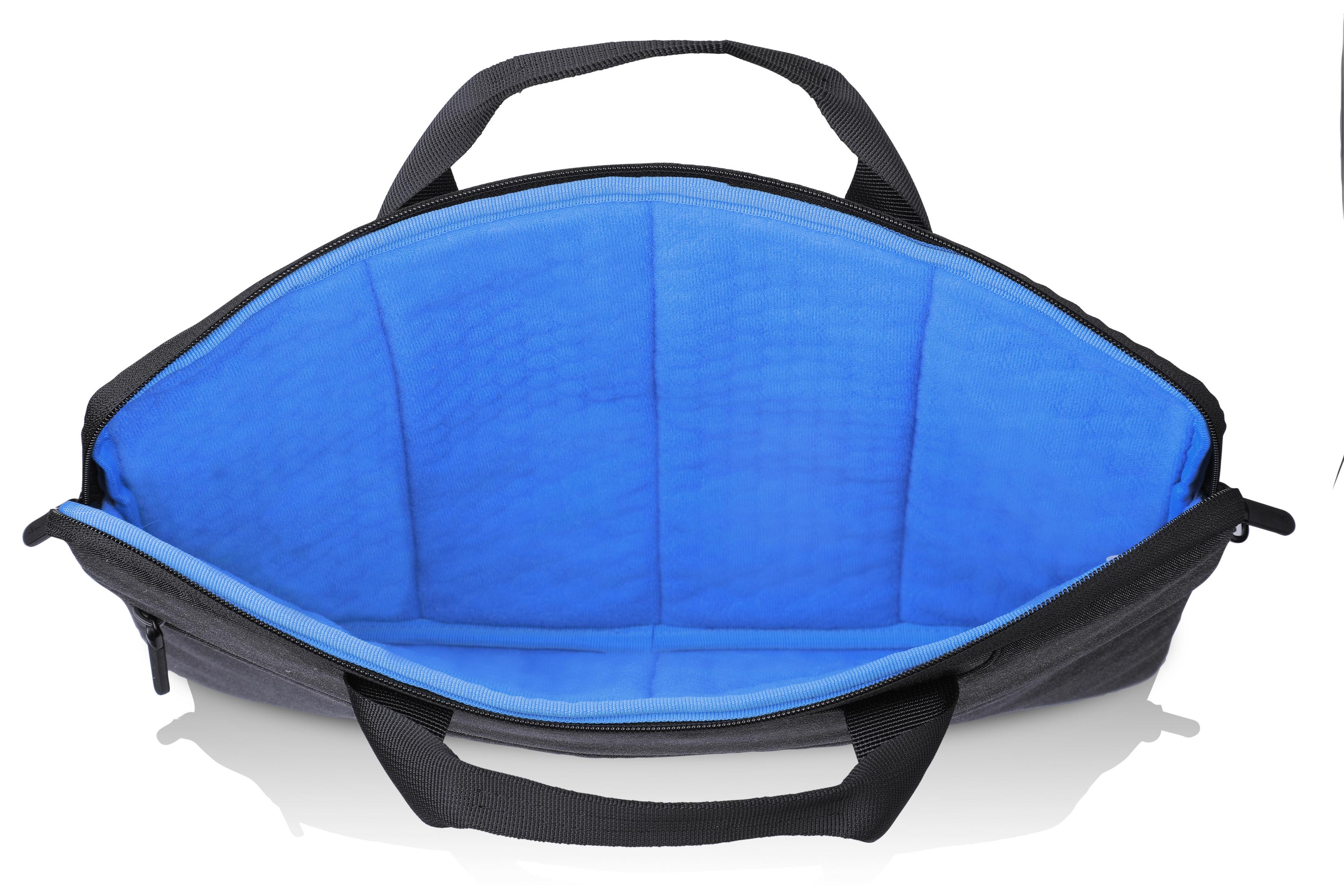 Una borsa aperta per laptop nera con interno imbottito blu brillante e manici.