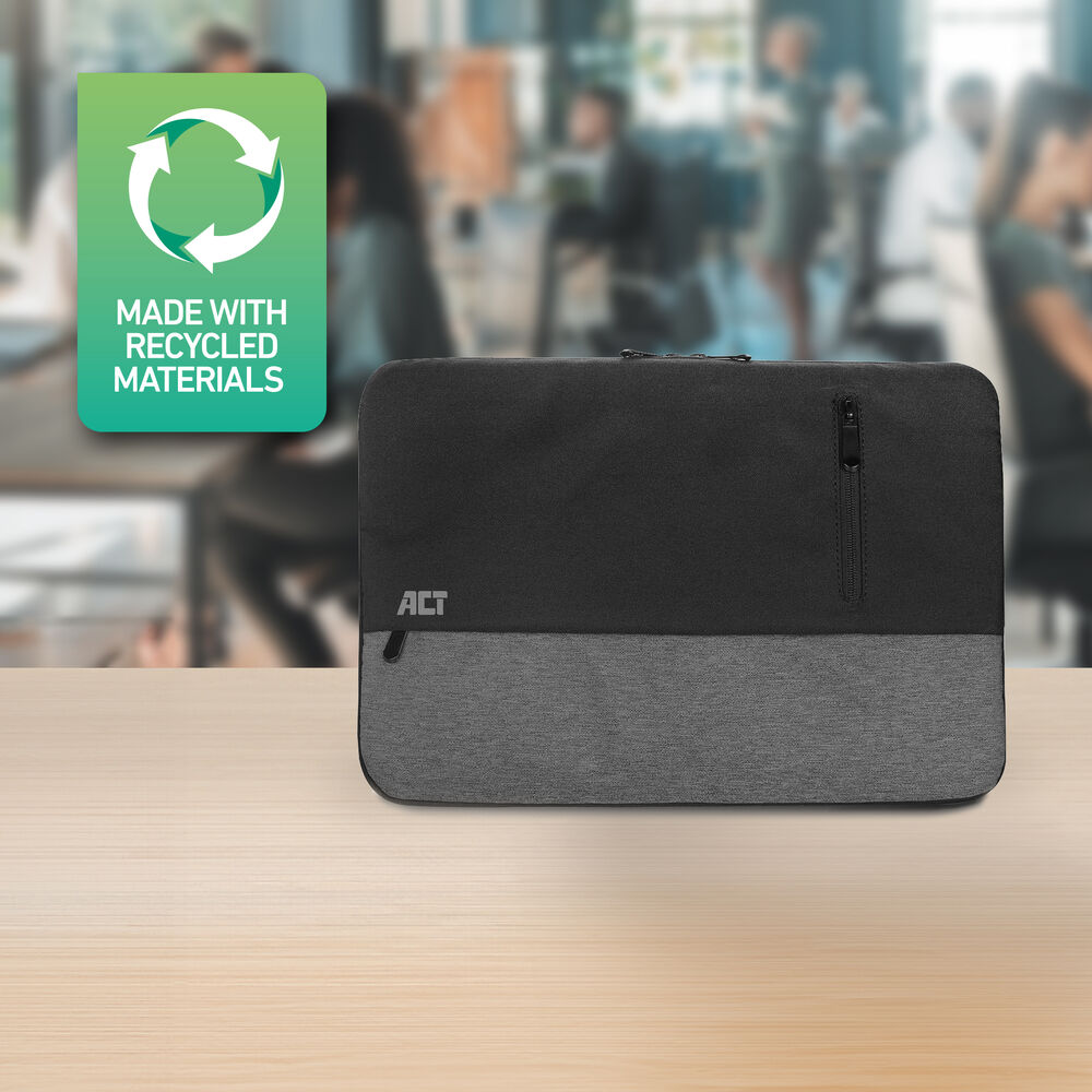 Borsa nera e grigia per laptop con logo ACT e simbolo riciclo. In ufficio.