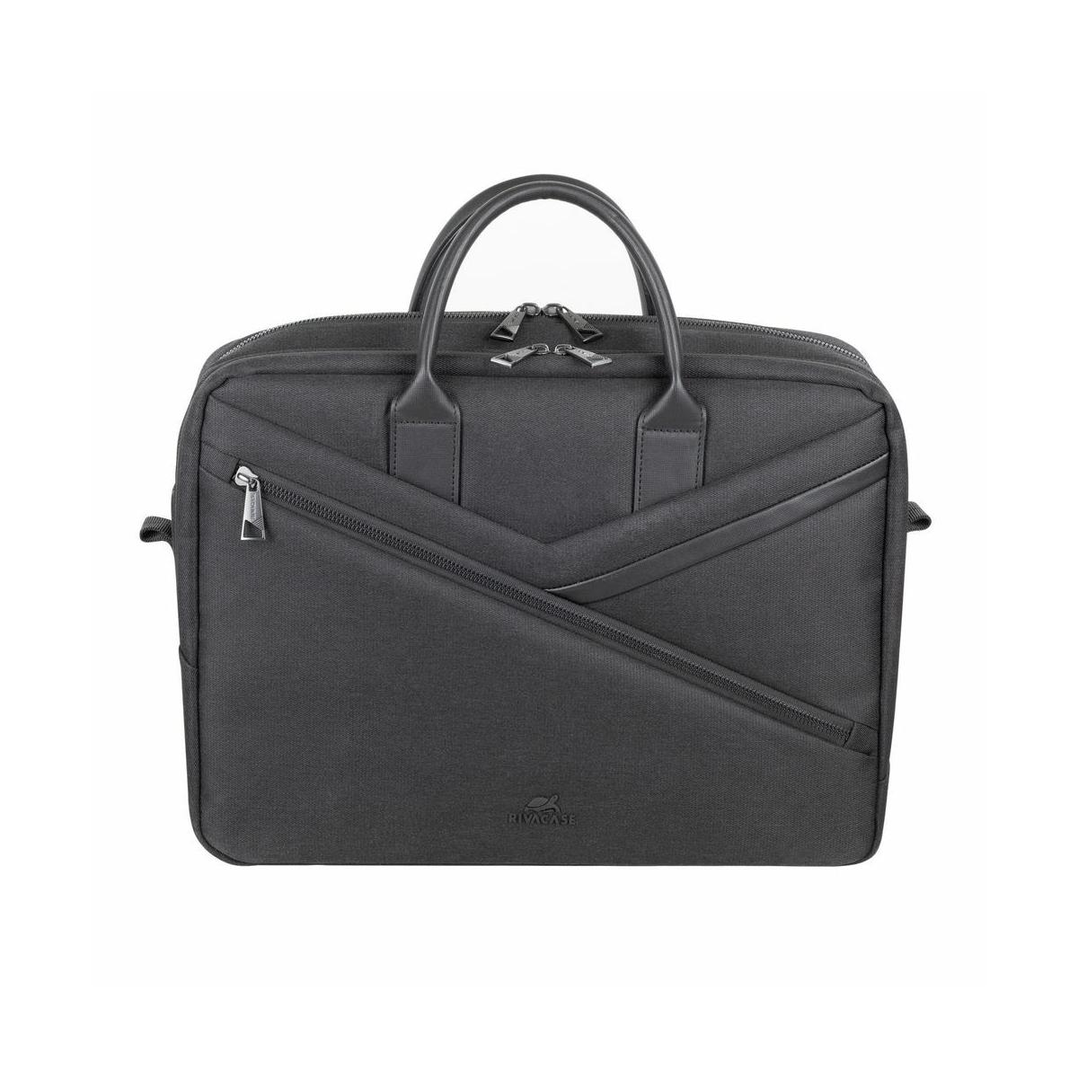 Una borsa da lavoro nera con due manici e cerniere.
