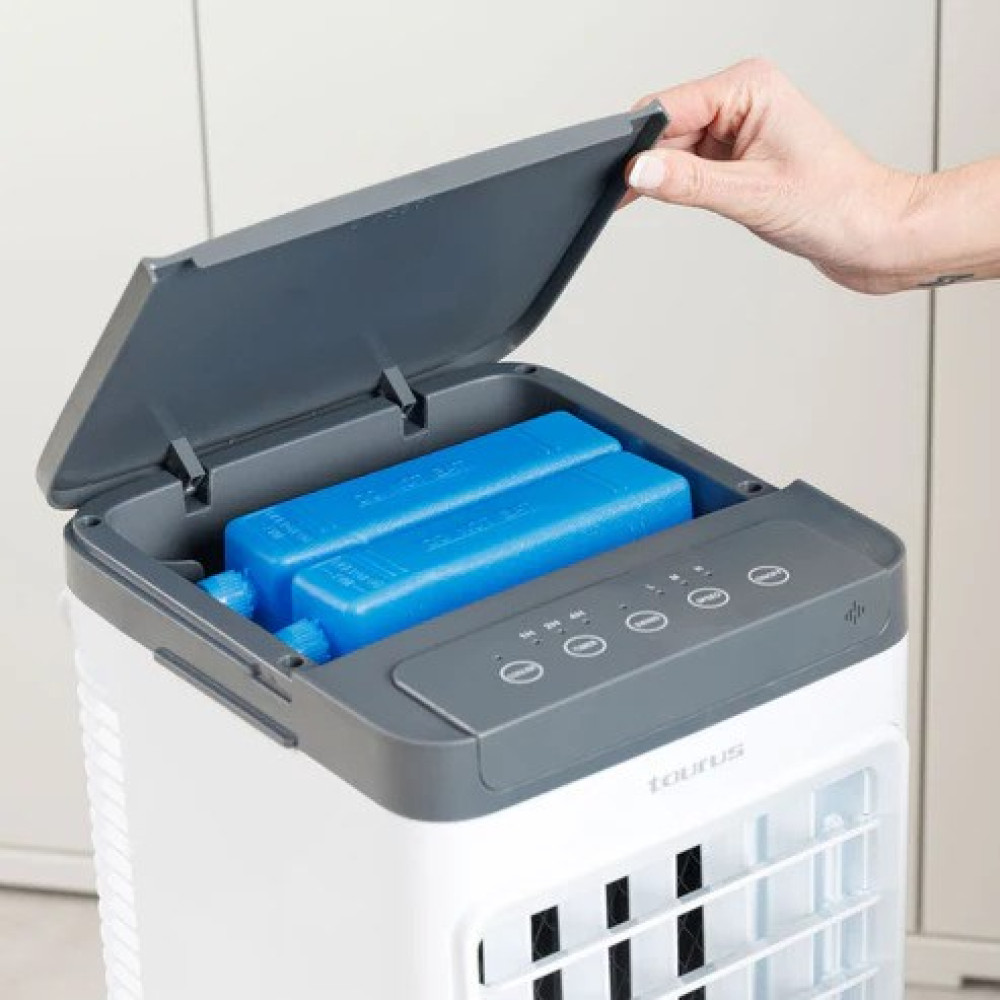 Un refrigeratore d'aria bianco con coperchio aperto, che rivela due pacchi ghiaccio blu.