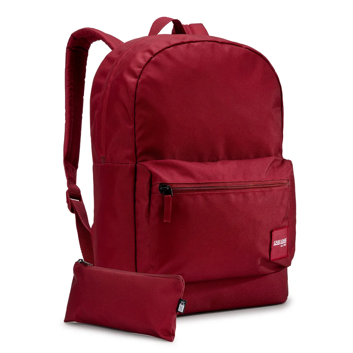 Uno zaino color bordeaux con cerniera e una piccola pochette abbinata.