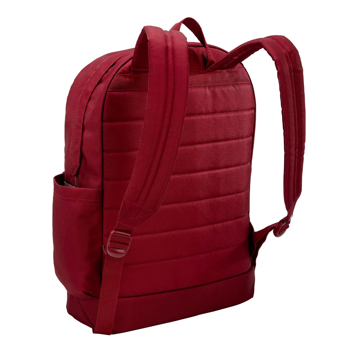 Zaino rosso con spallacci imbottiti e trapuntatura orizzontale sul retro.