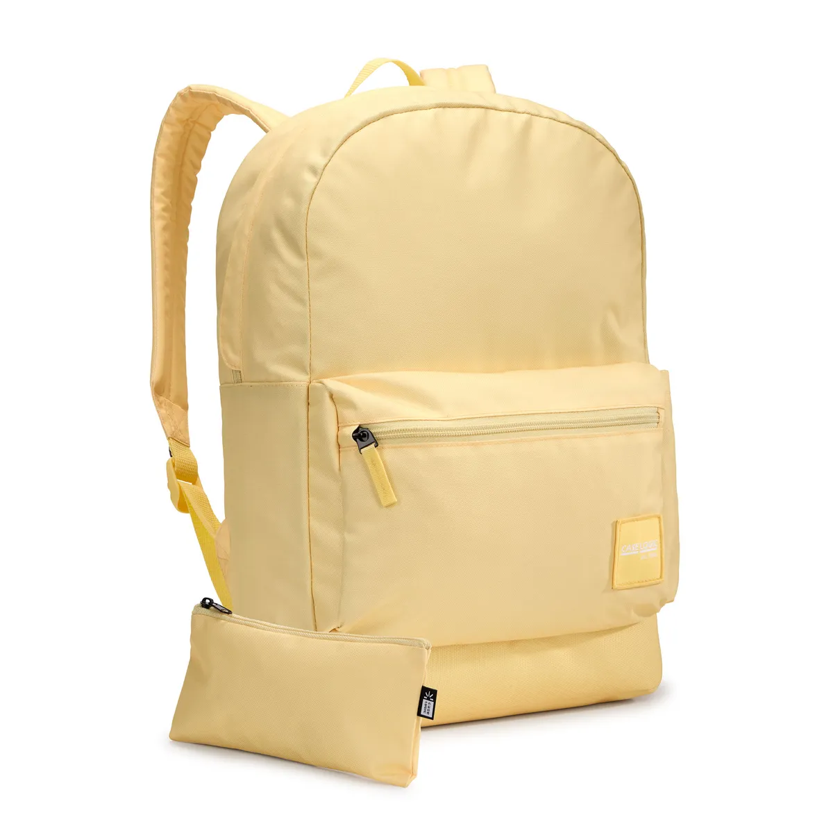 Un sac à dos jaune pâle avec une poche zippée à l'avant et une petite pochette.