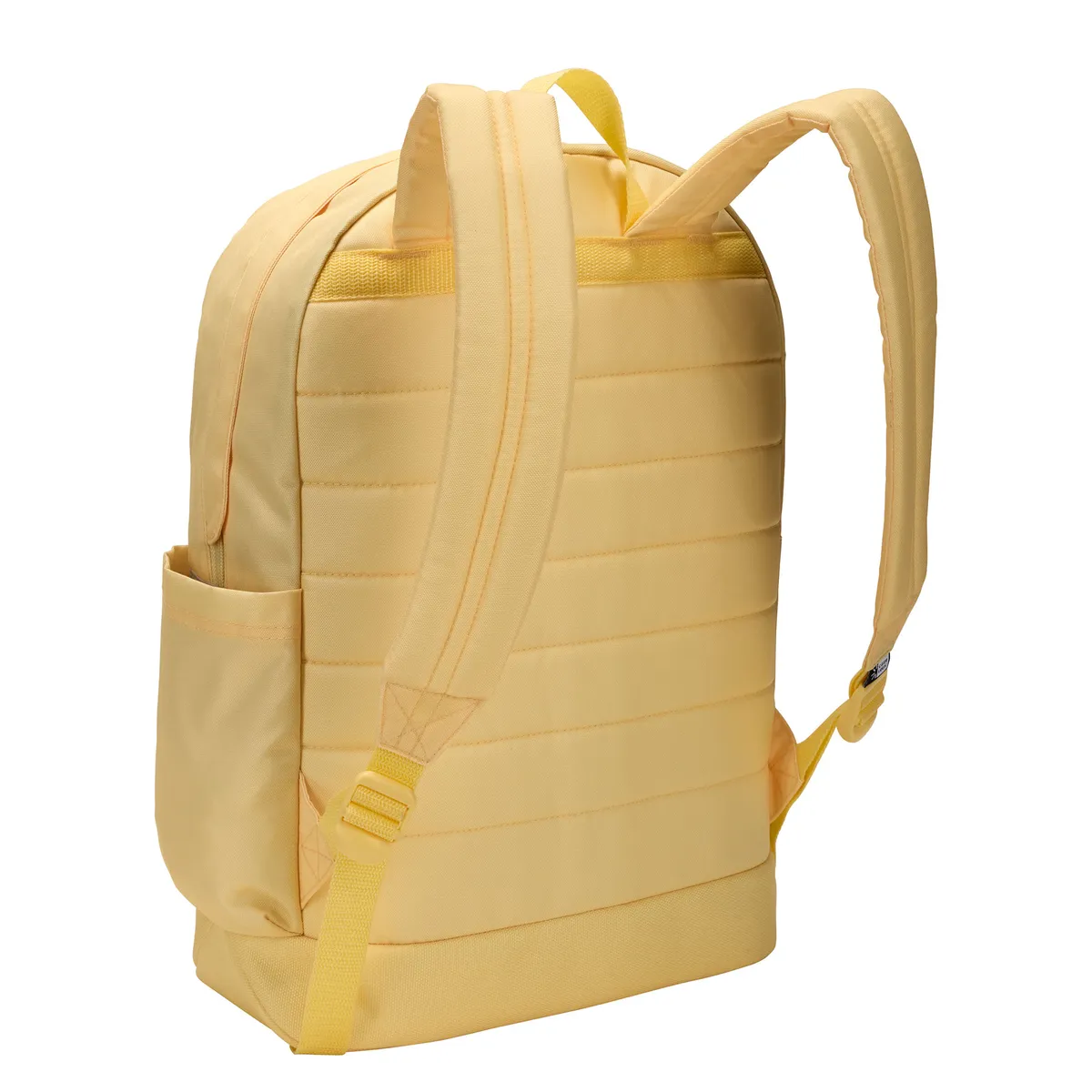 Un sac à dos jaune matelassé avec deux bretelles et une poche latérale.