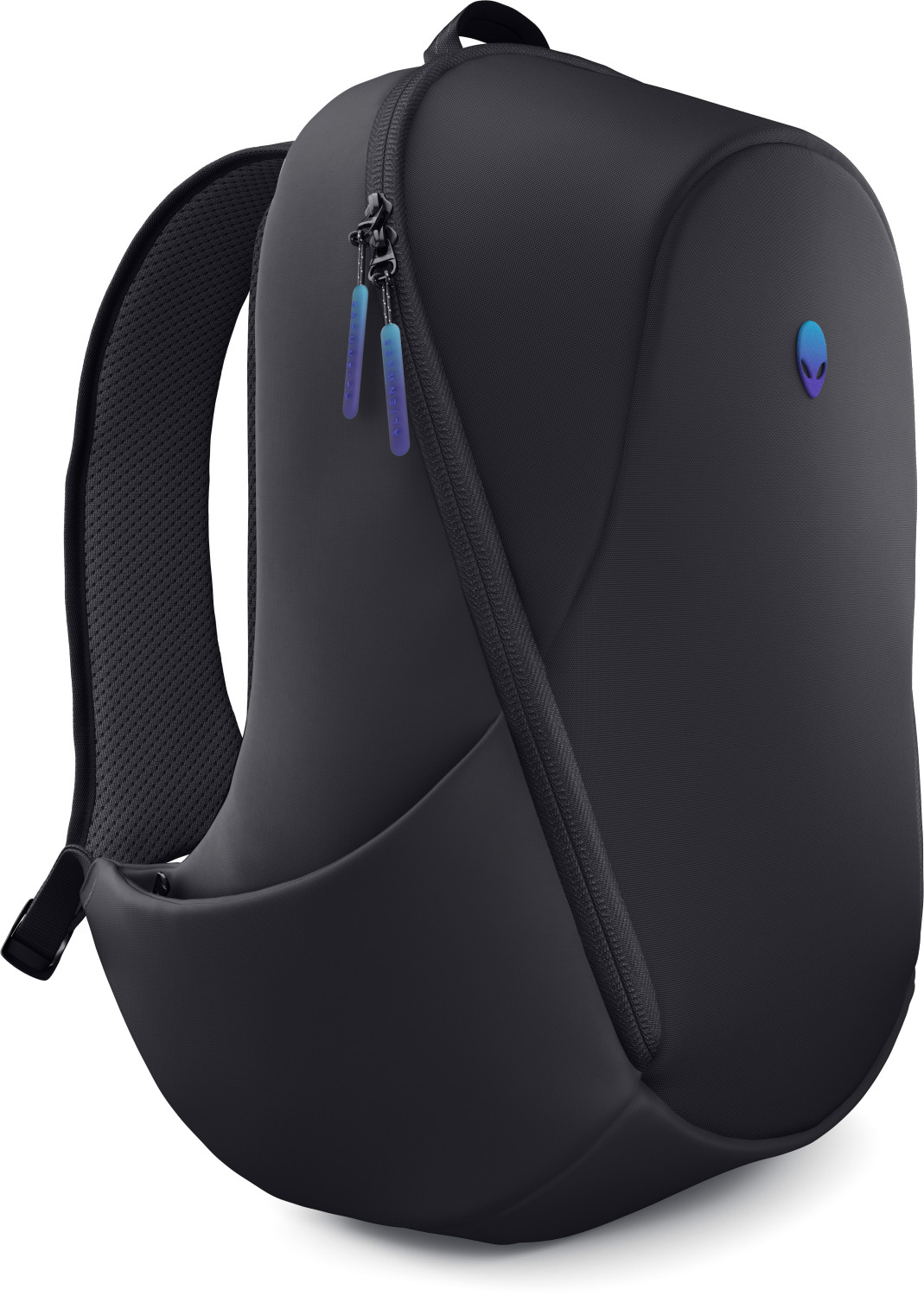 Beyaz arka planda mor uzaylı logolu ve mavi-mor fermuar çekicili şık, koyu gri bir Alienware sırt çantası.