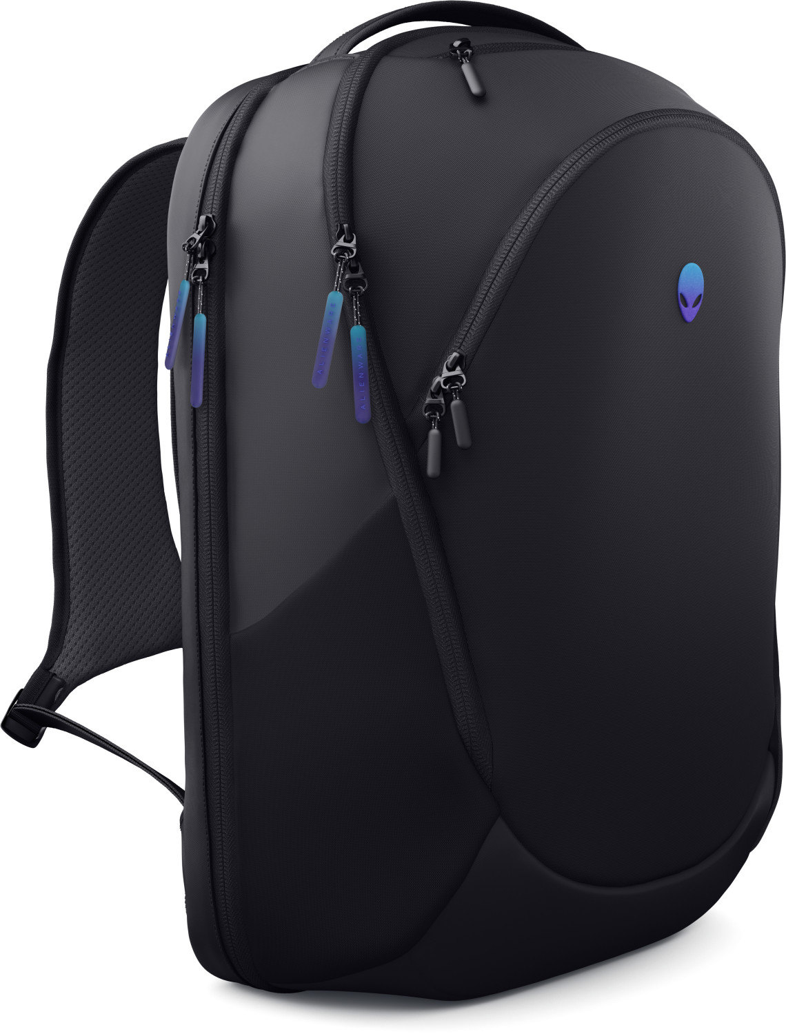 Zaino nero con logo Alienware e cerniere con etichette blu e viola.