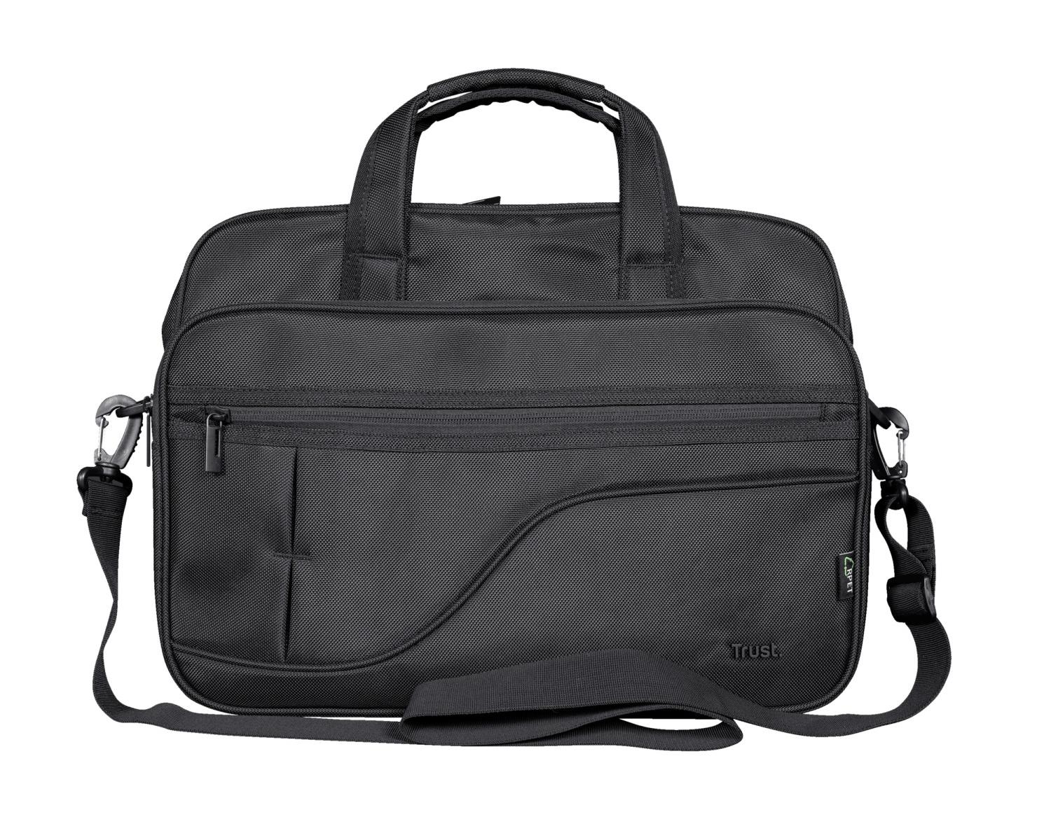 Una borsa nera per laptop con tracolla e manici, con cerniere e tasche.