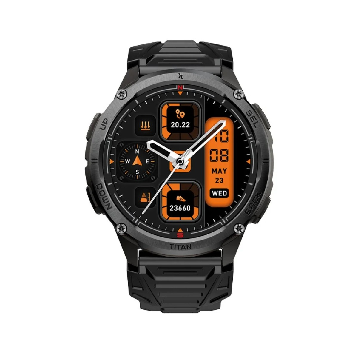 Czarny smartwatch z pomarańczowym wyświetlaczem cyfrowym pokazuj ącym czas, datę i liczbę kroków.