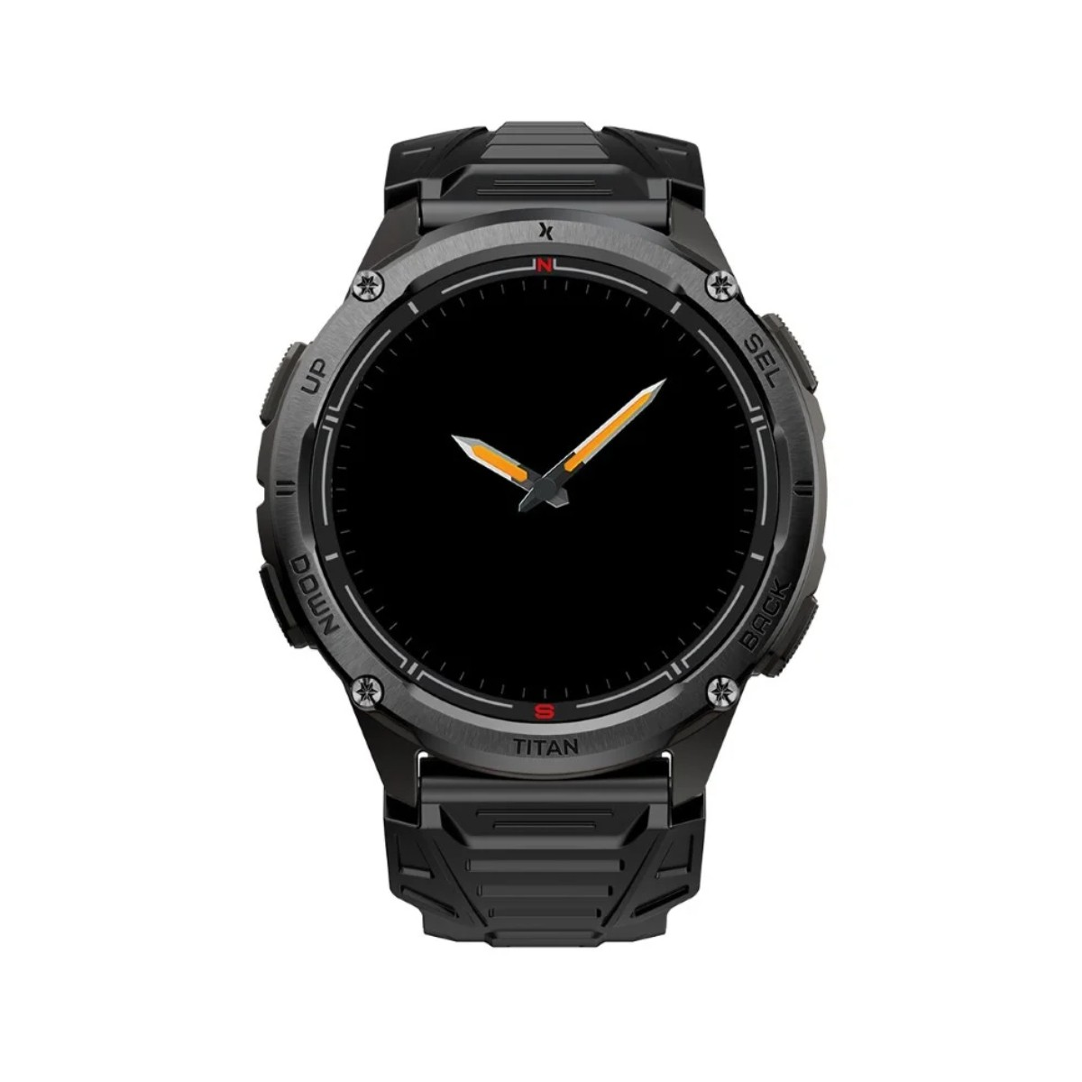 Czarny smartwatch Titan z pomarańczowymi wskazówkami i bocznymi przyciskami.