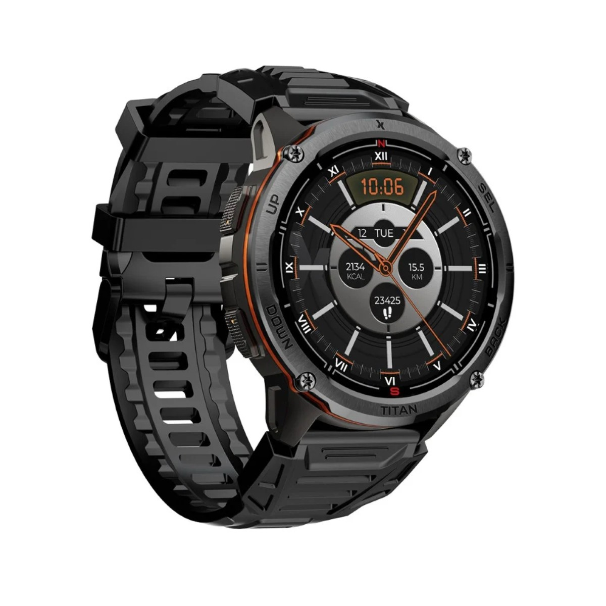 Czarny smartwatch z pomarańczowymi akcentami i cyfrowym wyświetlaczem.