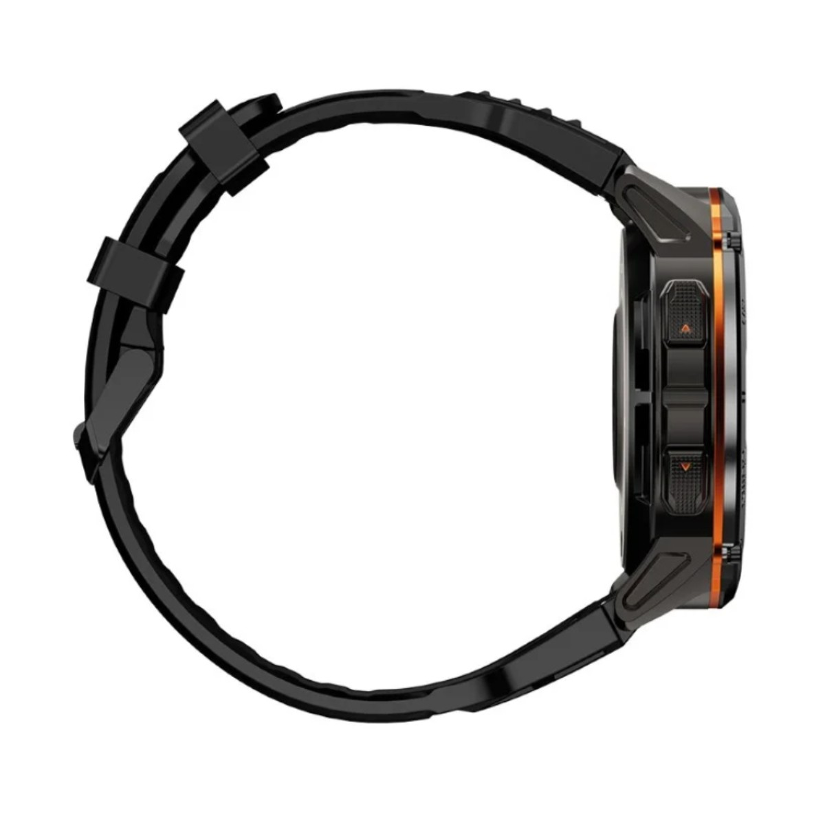 Czarny pasek smartwatch z pomarańczowymi akcentami i przyciskami.