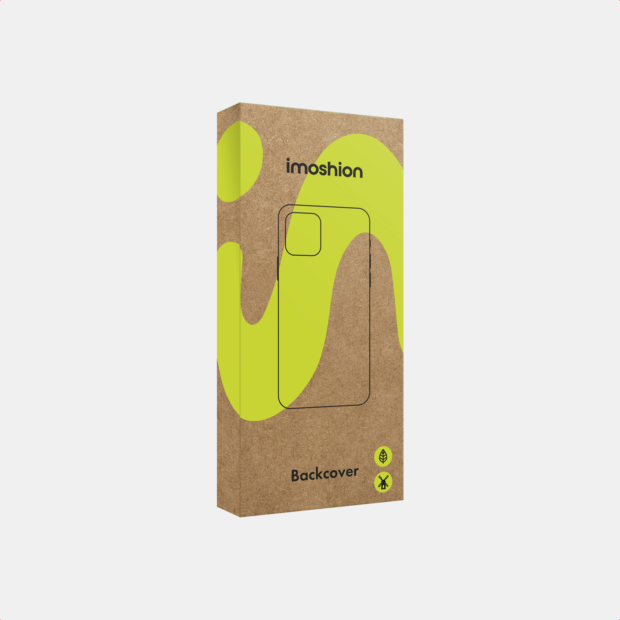 Kartonverpackung für eine Handy-Rückseite mit grünem abstraktem Design.