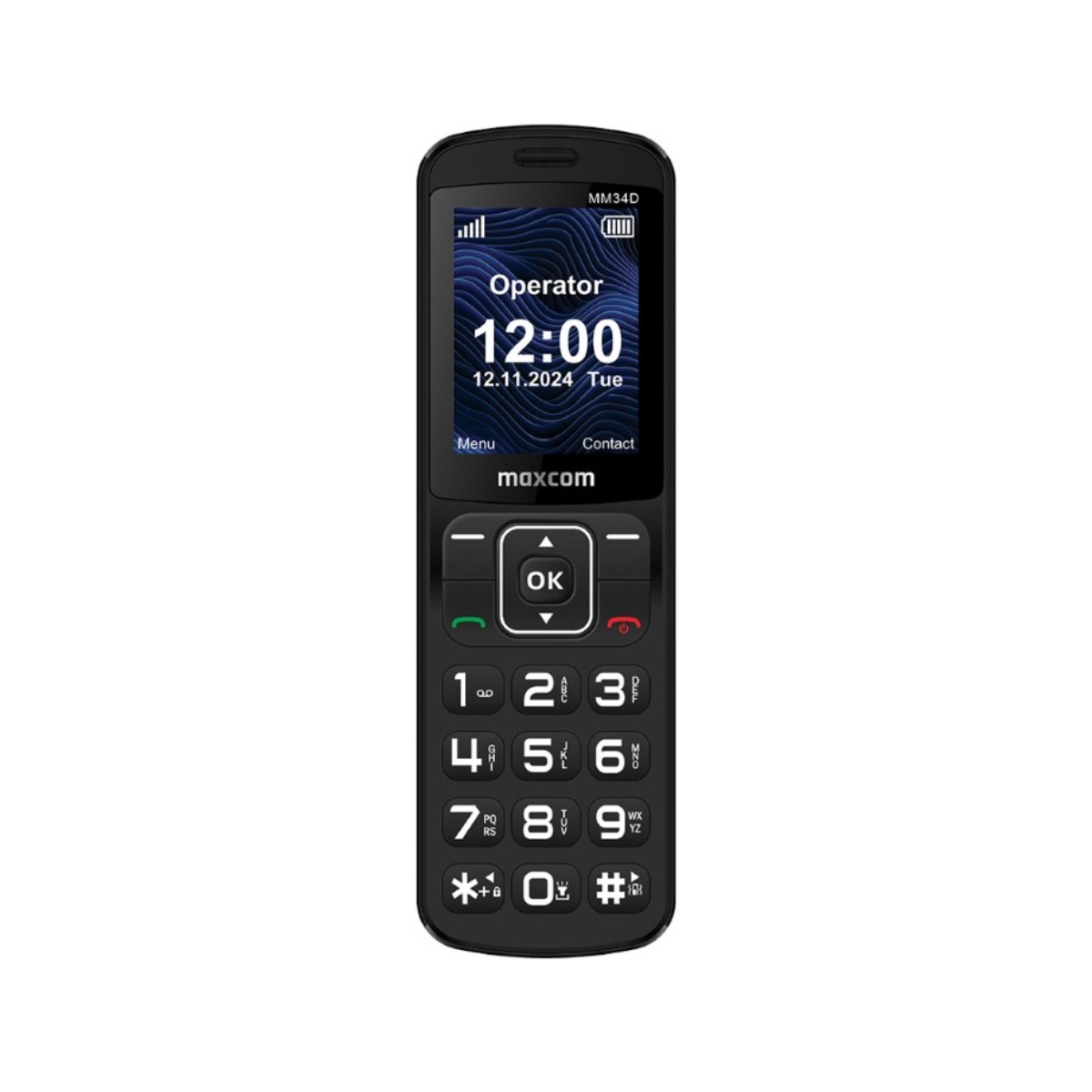 Czarny telefon dla seniorów Maxcom MM34D z podświetlanym ekranem pokazującym 12:00.