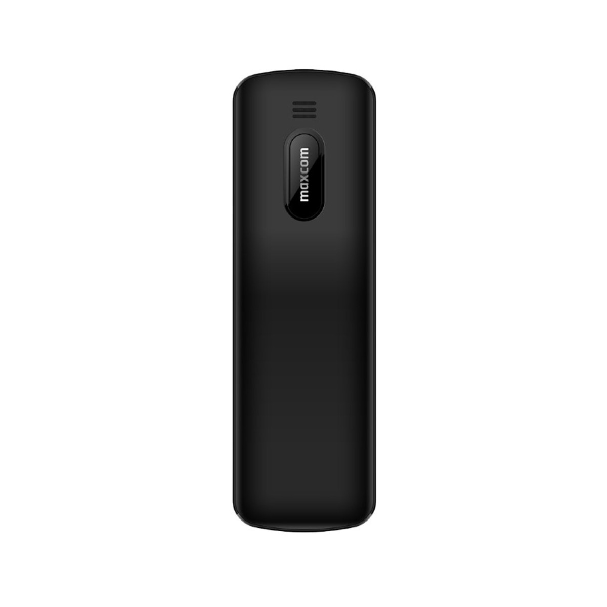 Czarny telefon komórkowy z logo Maxcom i trzema poziomymi liniami.