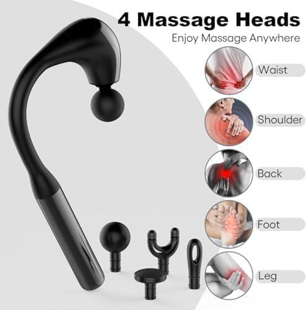 Schwarze Massagepistole mit 4 austauschbaren Köpfen und Körperteil-Diagrammen.