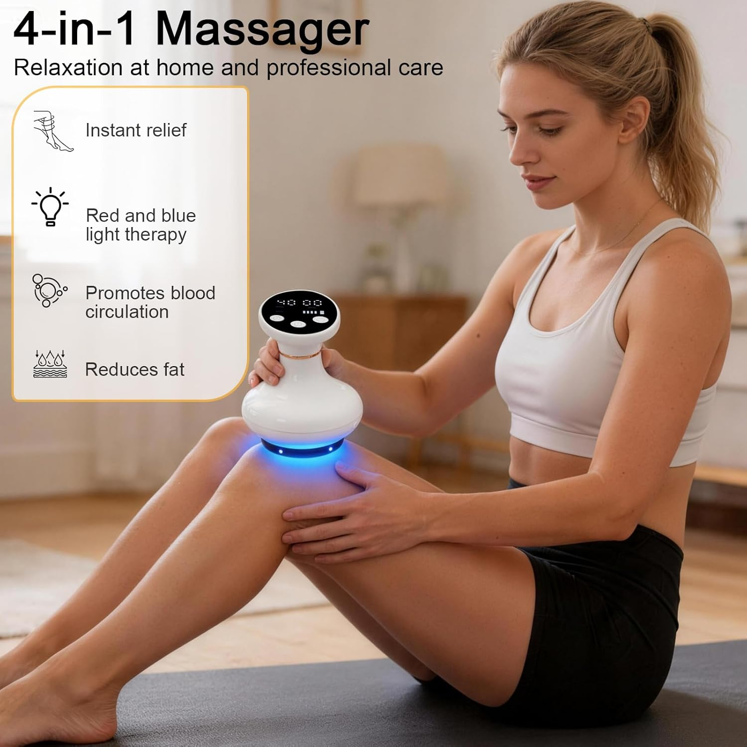 Frau benutzt einen 4-in-1-Massager an ihrem Bein, Vorteile aufgelistet.