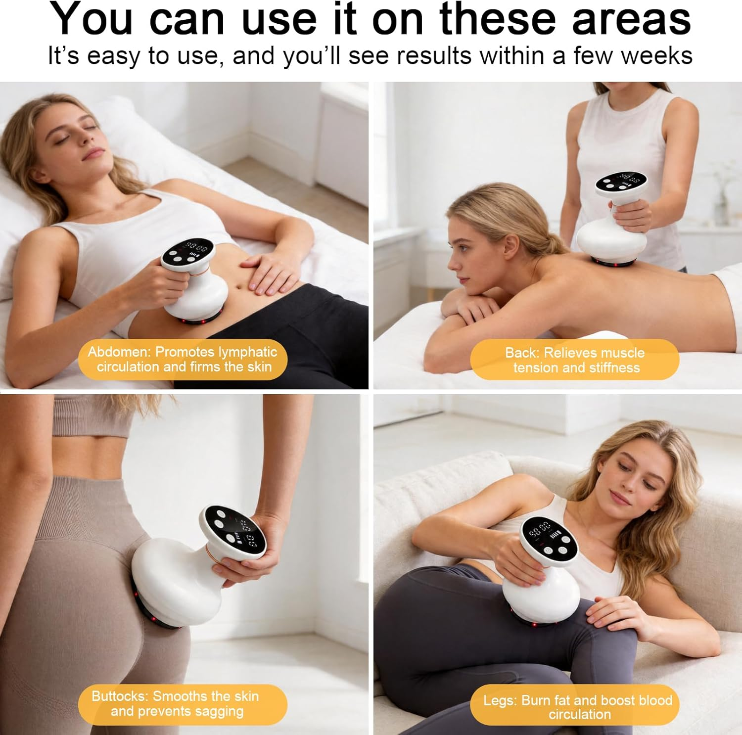 Vier Frauen nutzen ein Massagegerät für Bauch, Rücken, Gesäß und Beine.
