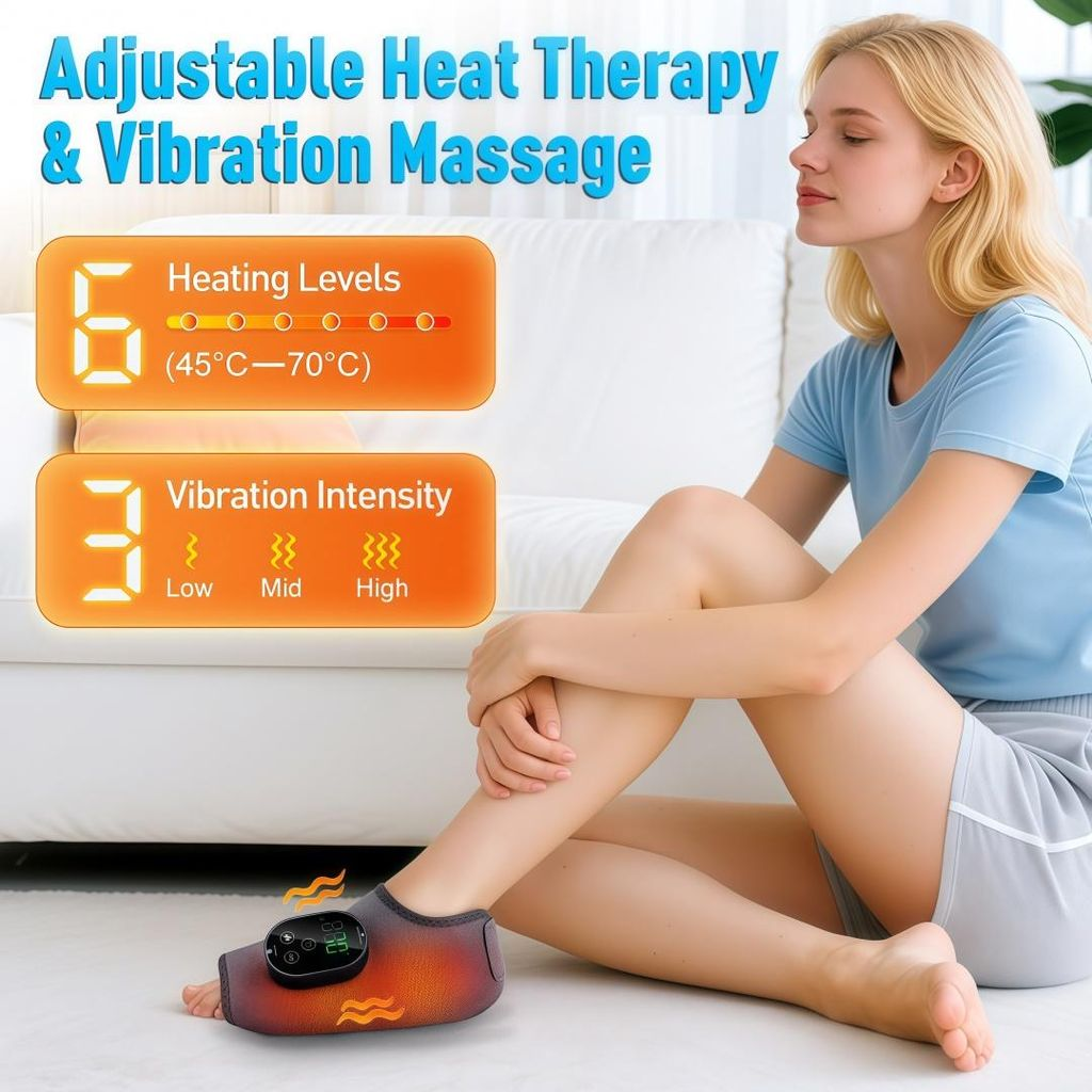 Frau mit Fußmassagegerät, das an ihrem linken Fuß befestigt ist, mit Anzeigen für Heizstufen und Vibrationsintensität.