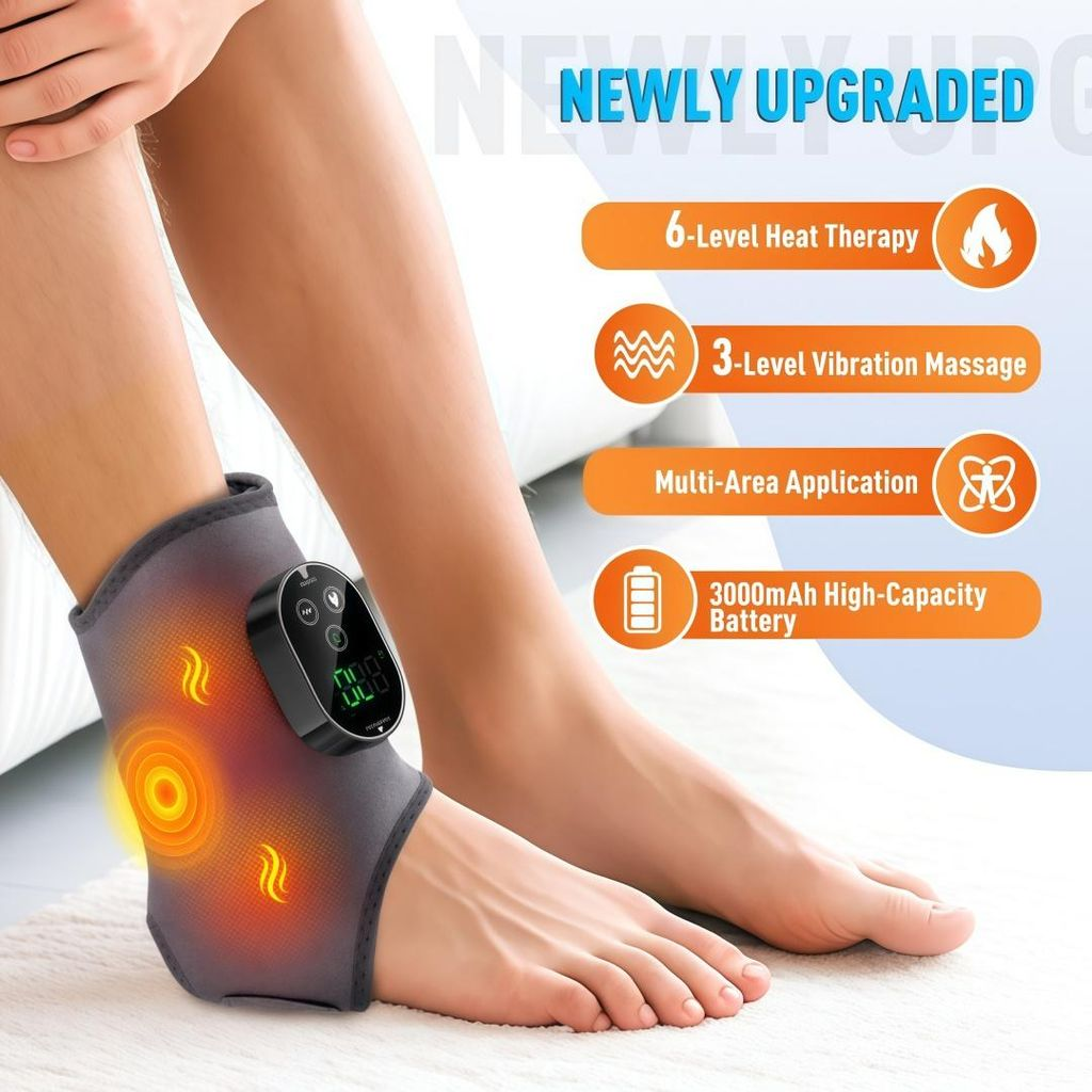 Ein Fuß mit einer Knöchelbandage mit digitalem Display und Wärme-/Vibrationssymbolen.