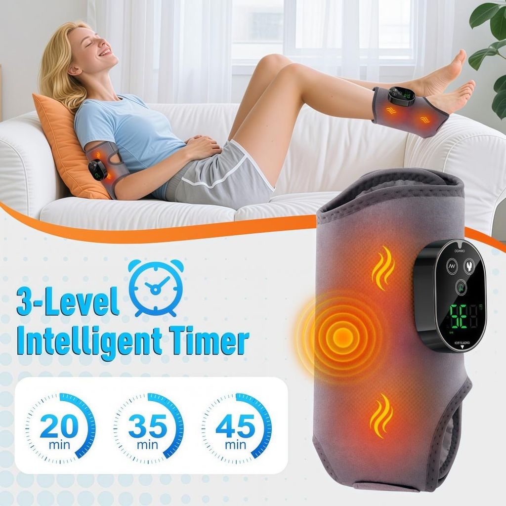 Frau auf Sofa mit Heizmanschette am Arm und Bein, mit Timer-Anzeige.