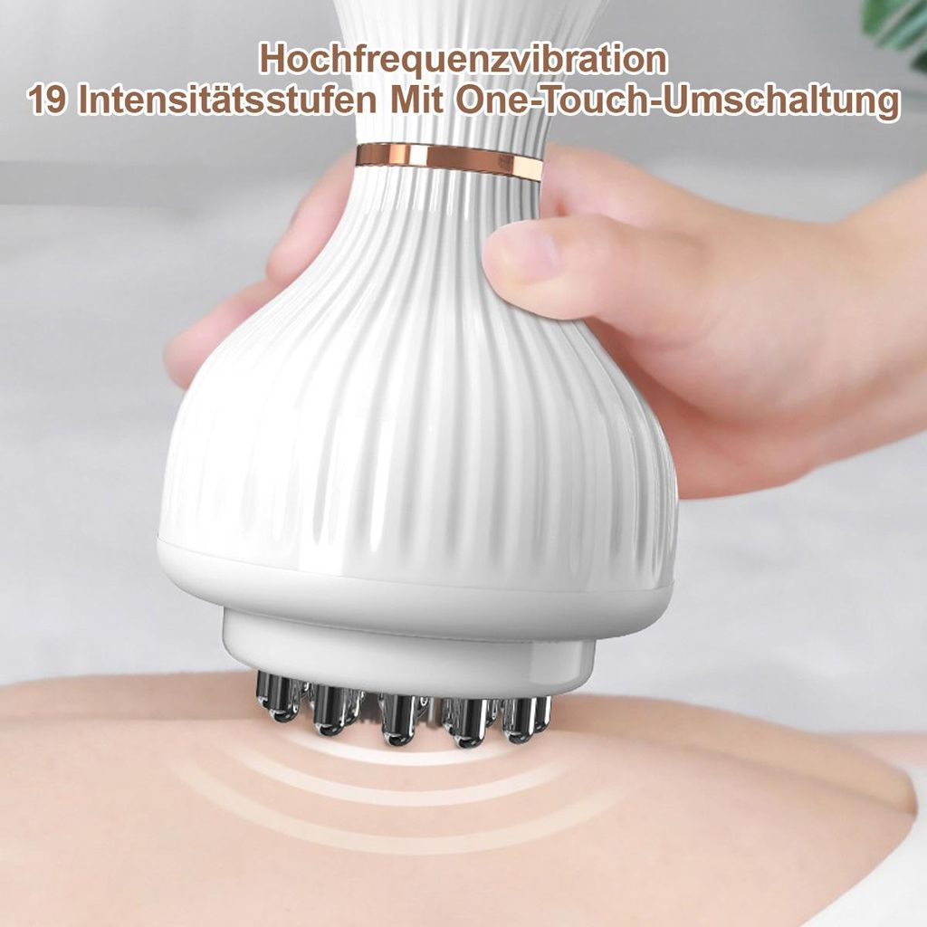 Weiße Vibrationsmassagegerät mit Metallspitzen auf Haut, Hand hält es.
