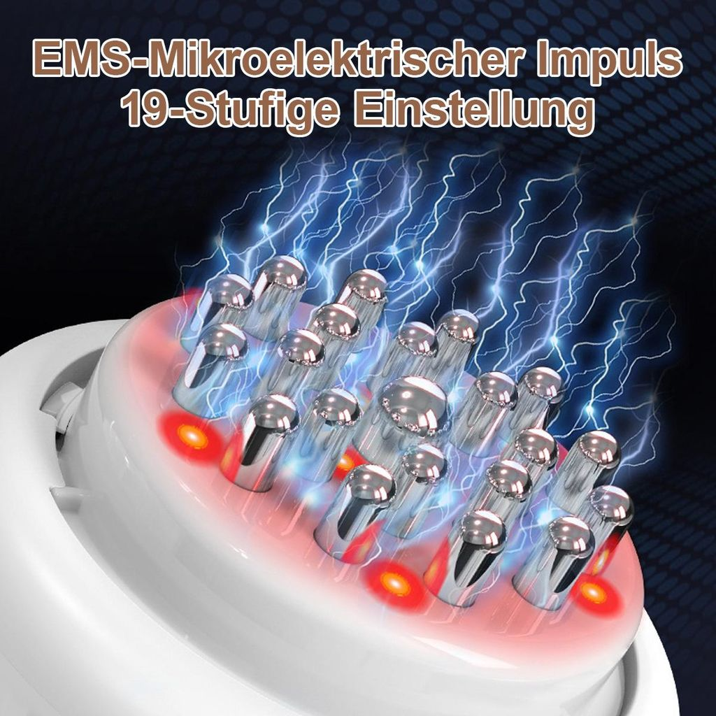 Ein Massagekopf mit vielen Metallstiften, umgeben von roten Lichtern und blauen Blitzen.