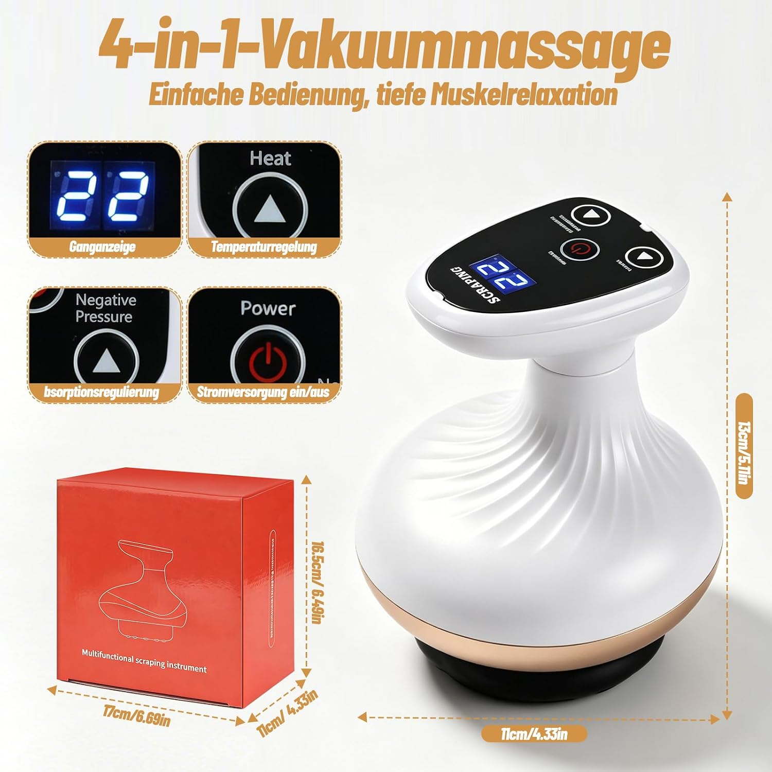 Ein weißes Vakuummassagegerät mit Bedienelementen und einer roten Box.