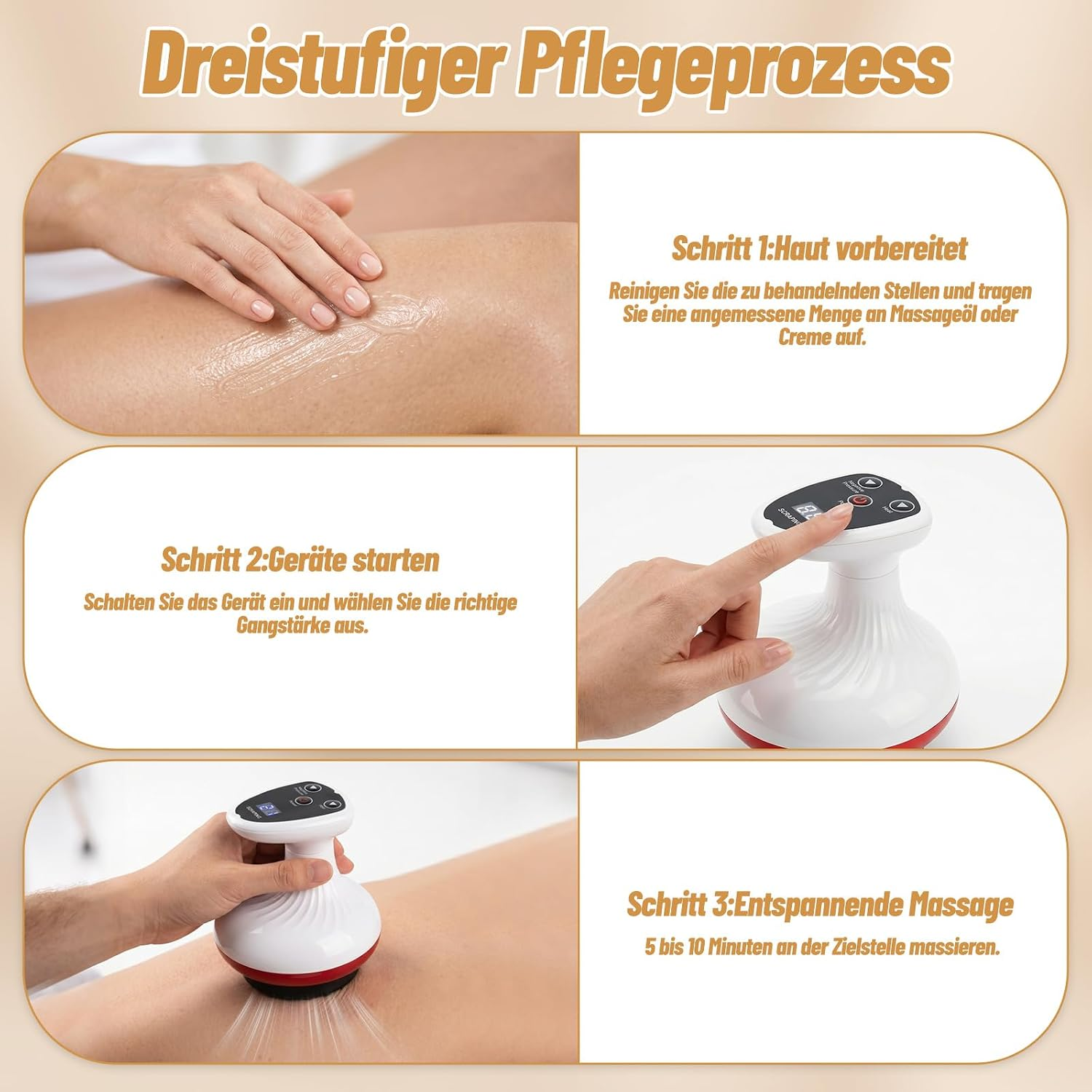 Schritte eines Pflegeprozesses: Haut vorbereiten, Gerät starten, Massage.