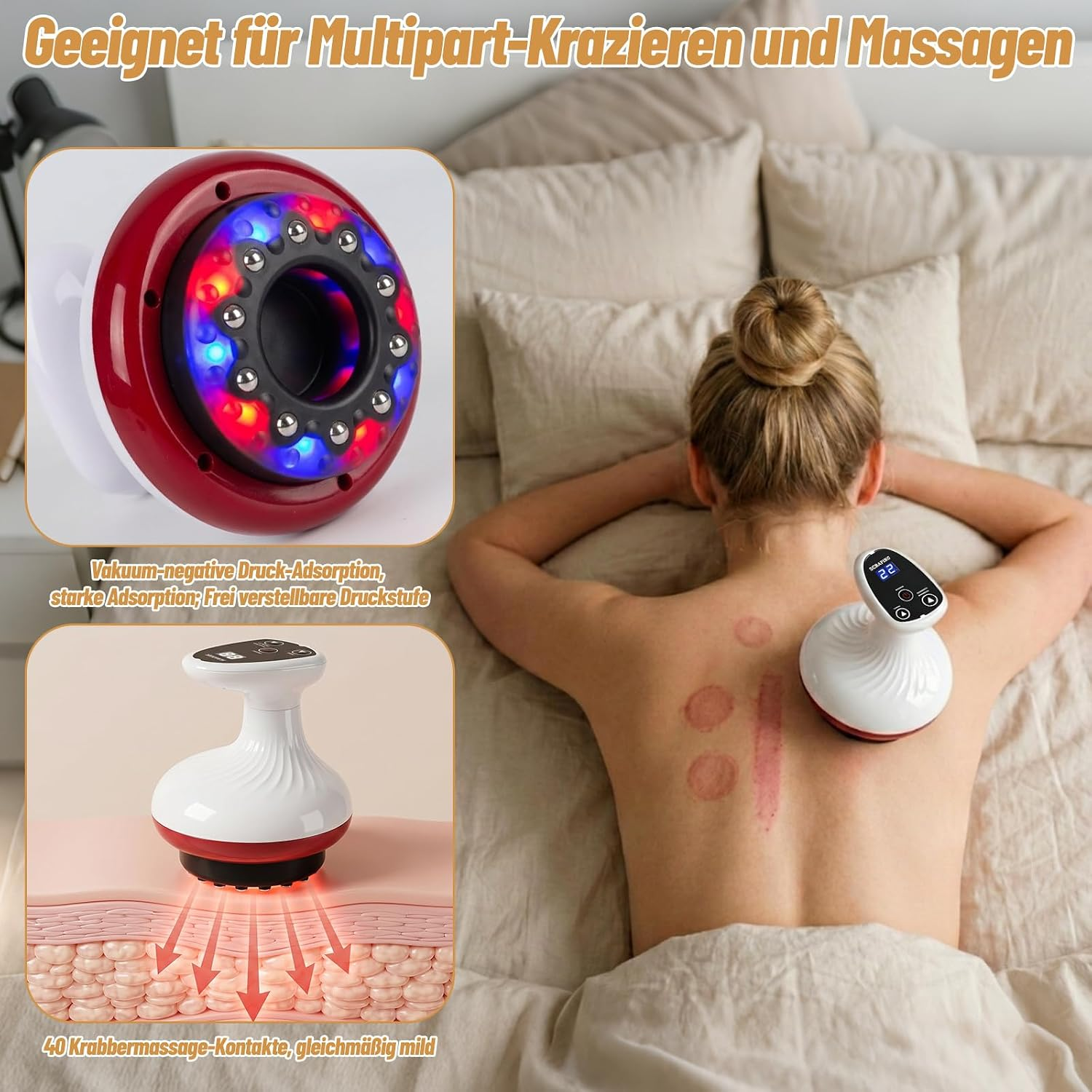 Gerät für Schröpfen und Massage mit roten und blauen Lichtern auf dem Rücken einer Frau.