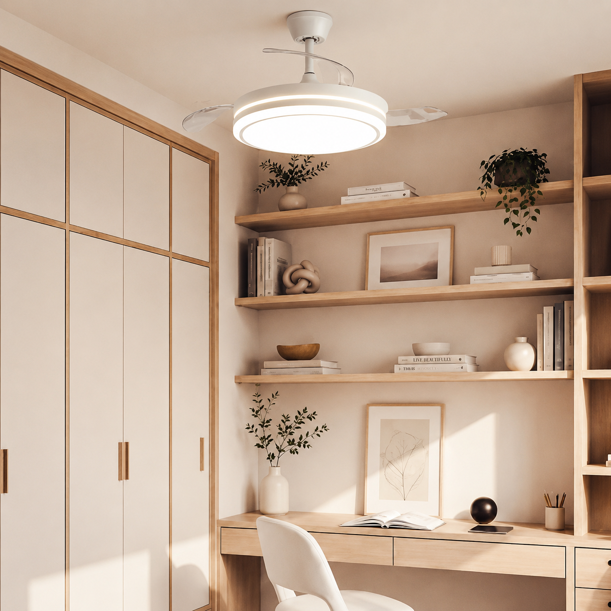 Una habitación moderna con ventilador de techo blanco, estantes de madera, escritorio, silla y armario empotrado.